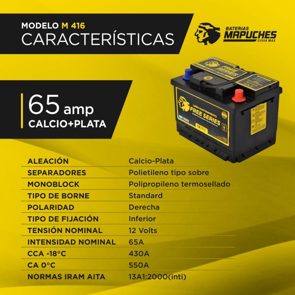 Características técnicas batería de arranque para auto 12V 65Ah M416 Calcio-Plata