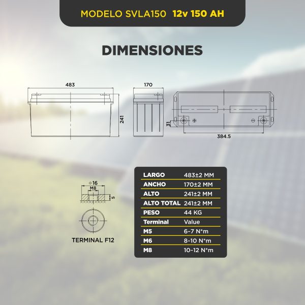 Dimensiones y peso de la batería AGM 150Ah